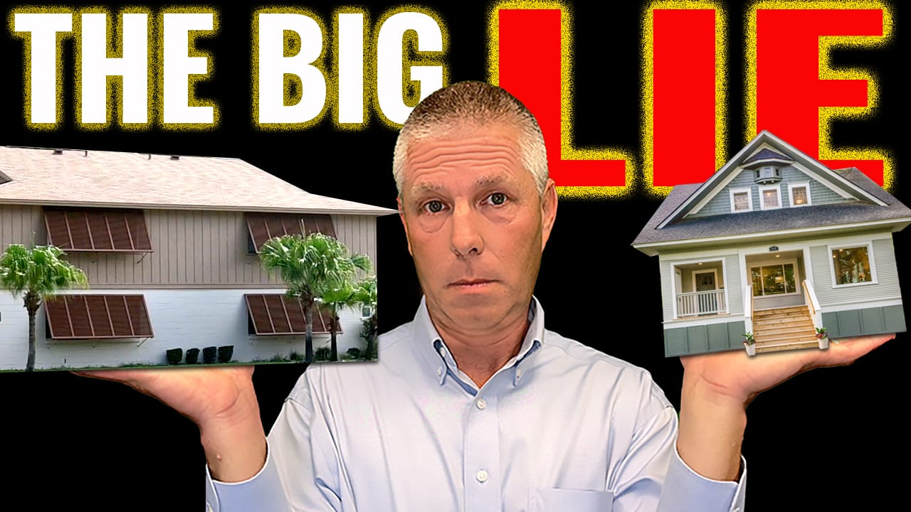 Chuck holding a house in one hand and a condo in the other. text says the big lie.