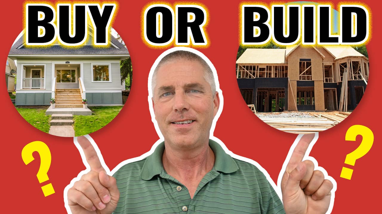 Chuck points to an existing home and a new construction home with the caption buy or build