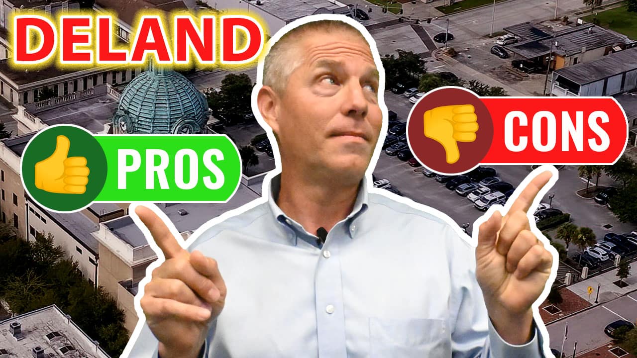 Chuck pointing to pros and cons on a deland background