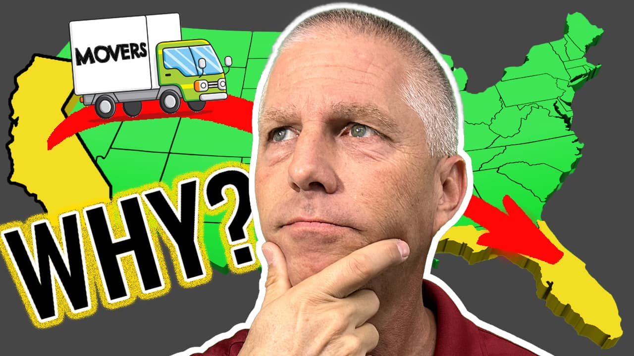 Moving van driving to Florida from California with Why text