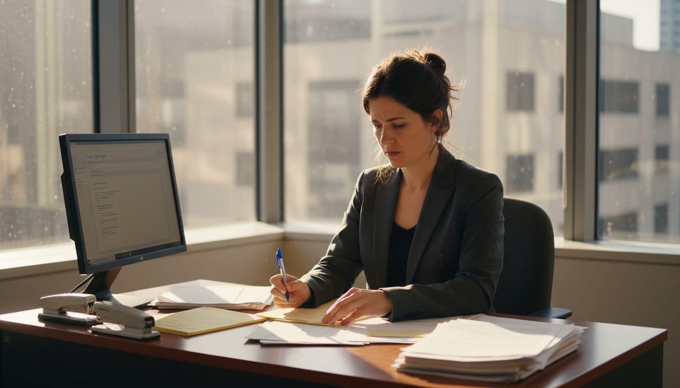 Legal document assistant working at crowded desk