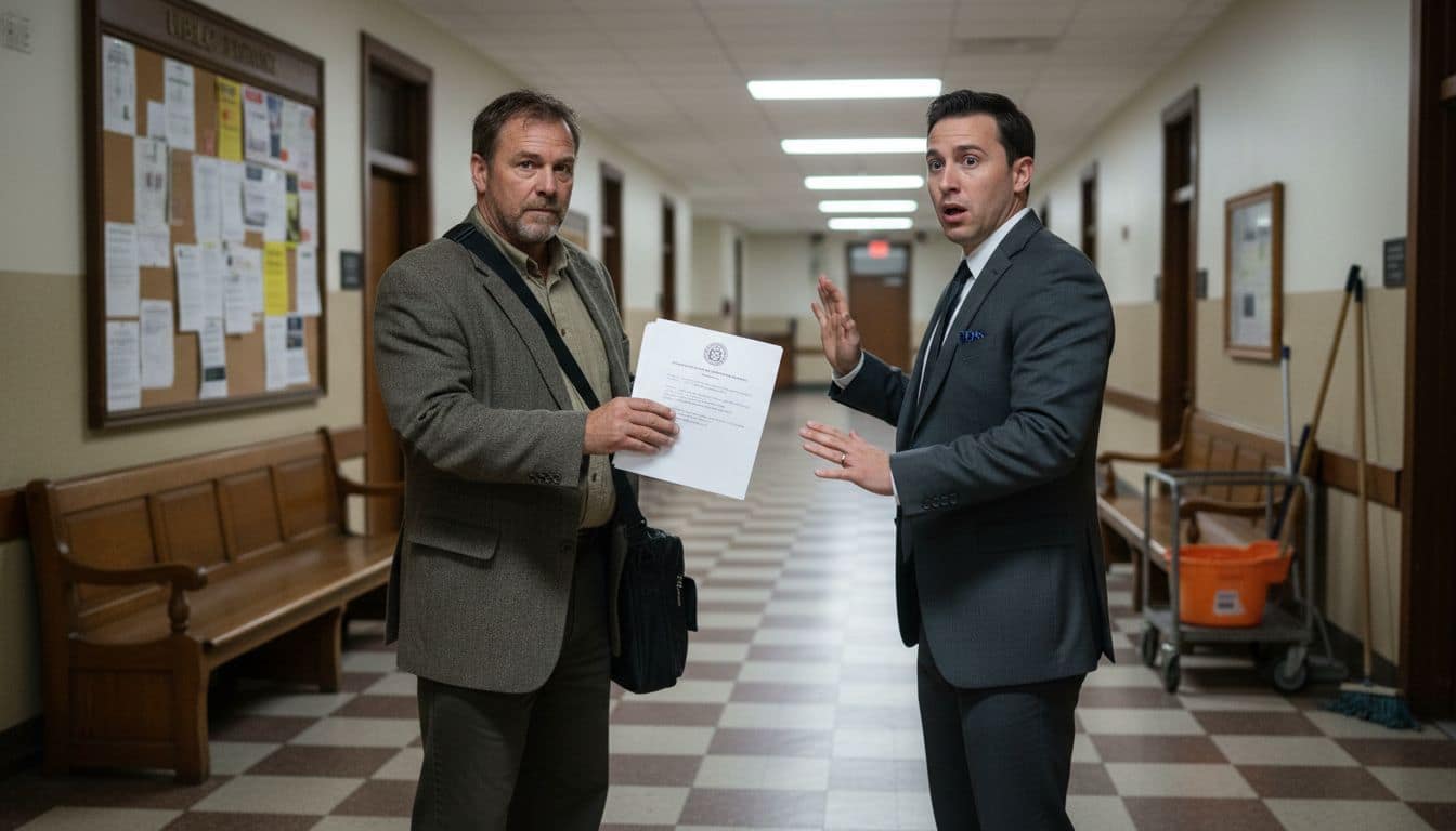 Process server handing documents in courthouse