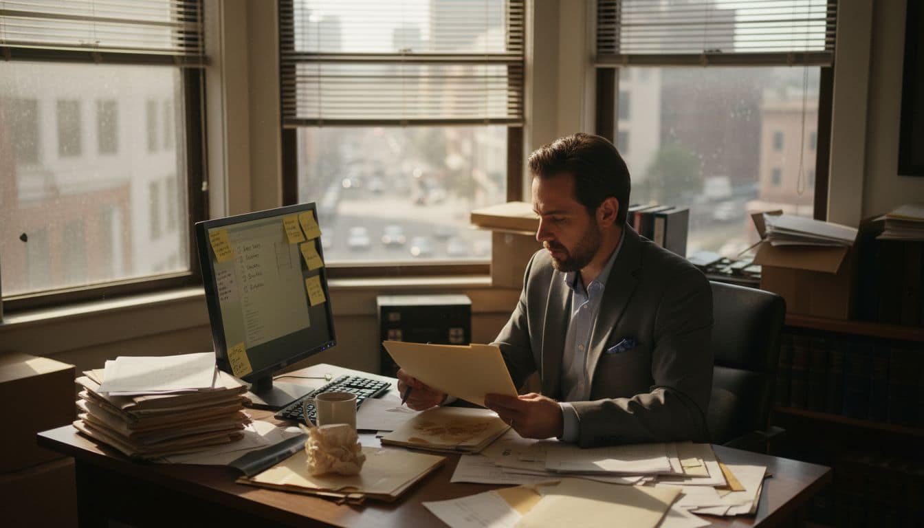 Process server checking paperwork in office setting