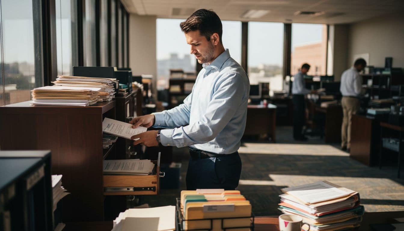 Legal assistant sorting court documents in office