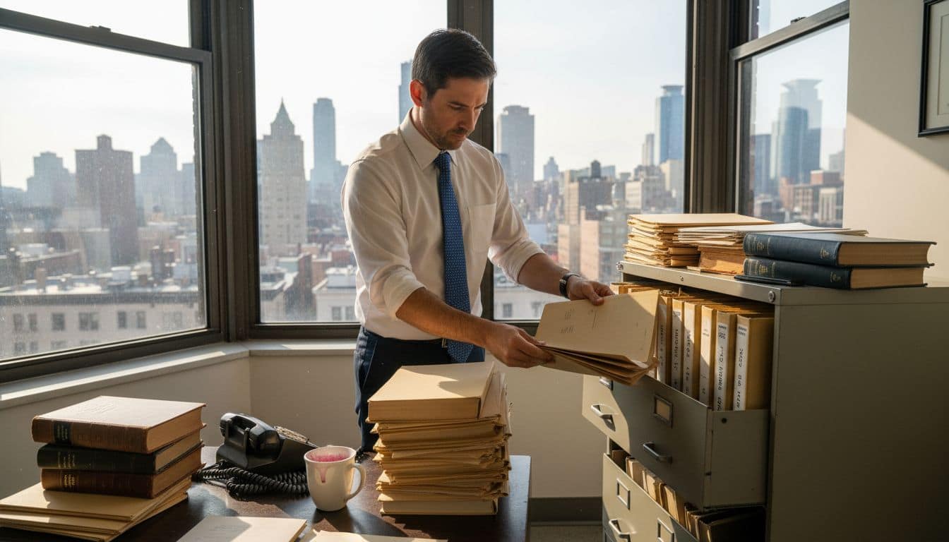 Legal assistant organizing files in corner office