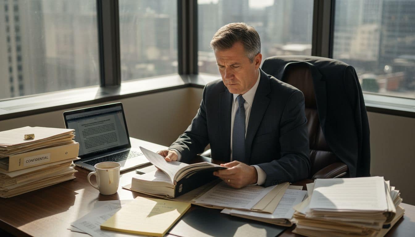 Attorney sorting legal documents at busy office desk