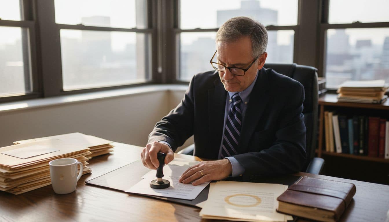 Notary stamping legal documents at desk