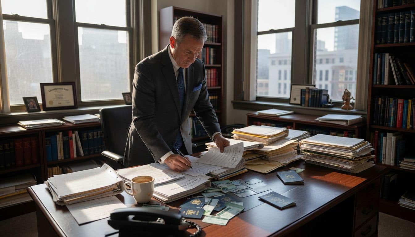 Attorney reviews immigration paperwork in office
