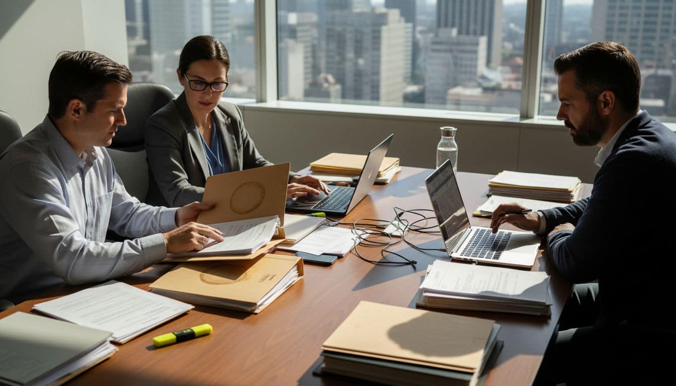 Legal team reviewing documents in bright office