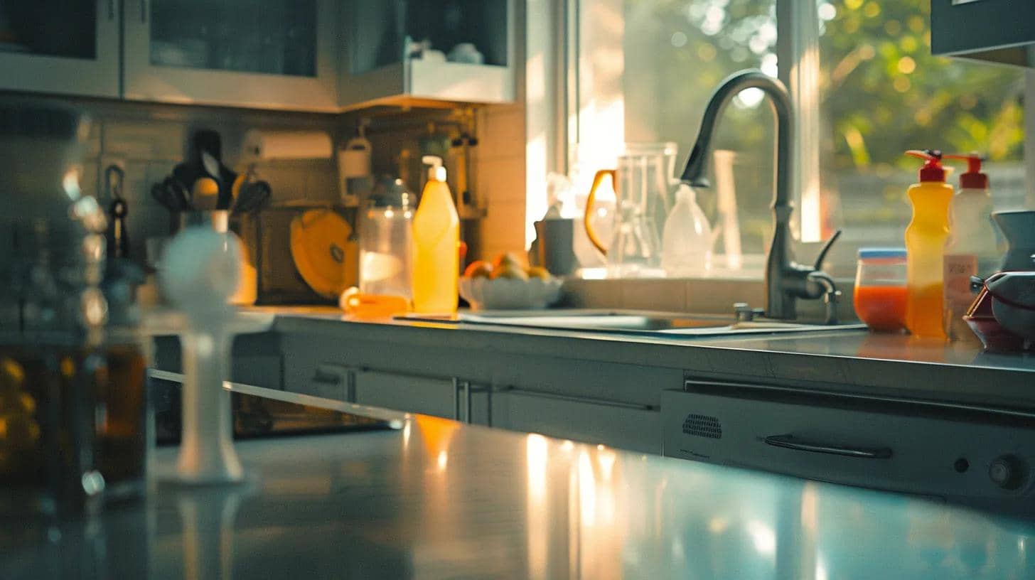 a pristine kitchen gleams under warm, natural light, showcasing sparkling countertops and neatly organized cleaning tools, embodying the essence of a deep cleaning transformation for sanford homes.