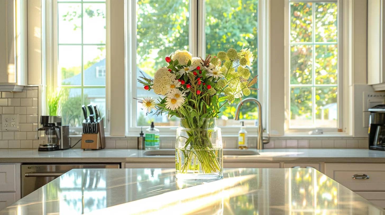 a sunlit, sparkling kitchen with gleaming countertops and a fresh bouquet of flowers, embodying the rejuvenating spirit of seasonal deep cleaning services in cozy sanford homes.