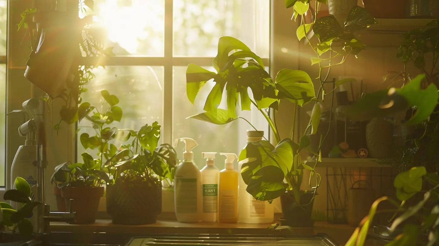 a vibrant and inviting eco-friendly cleaning scene showcases gleaming surfaces and lush green plants, illuminated by warm sunlight streaming through a window, embodying a fresh and sustainable lifestyle.