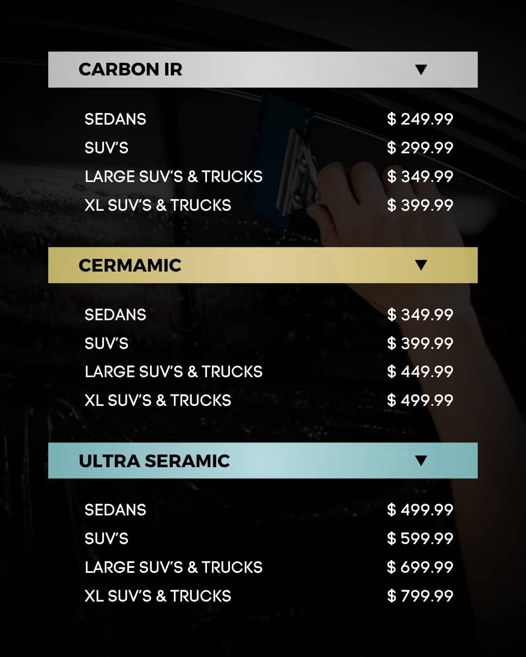 Window Tinting Price Sheet