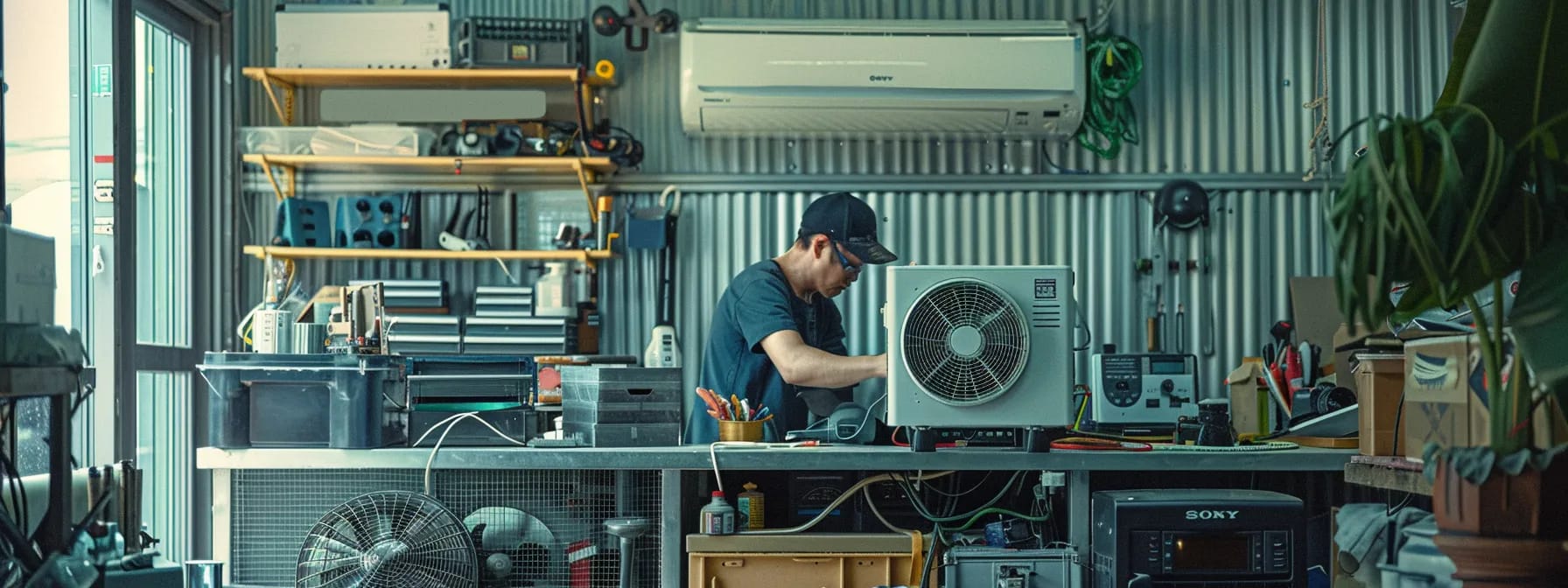 a technician conducting a thorough inspection of an air conditioner unit, surrounded by tools and equipment, in a well-lit and organized workspace.