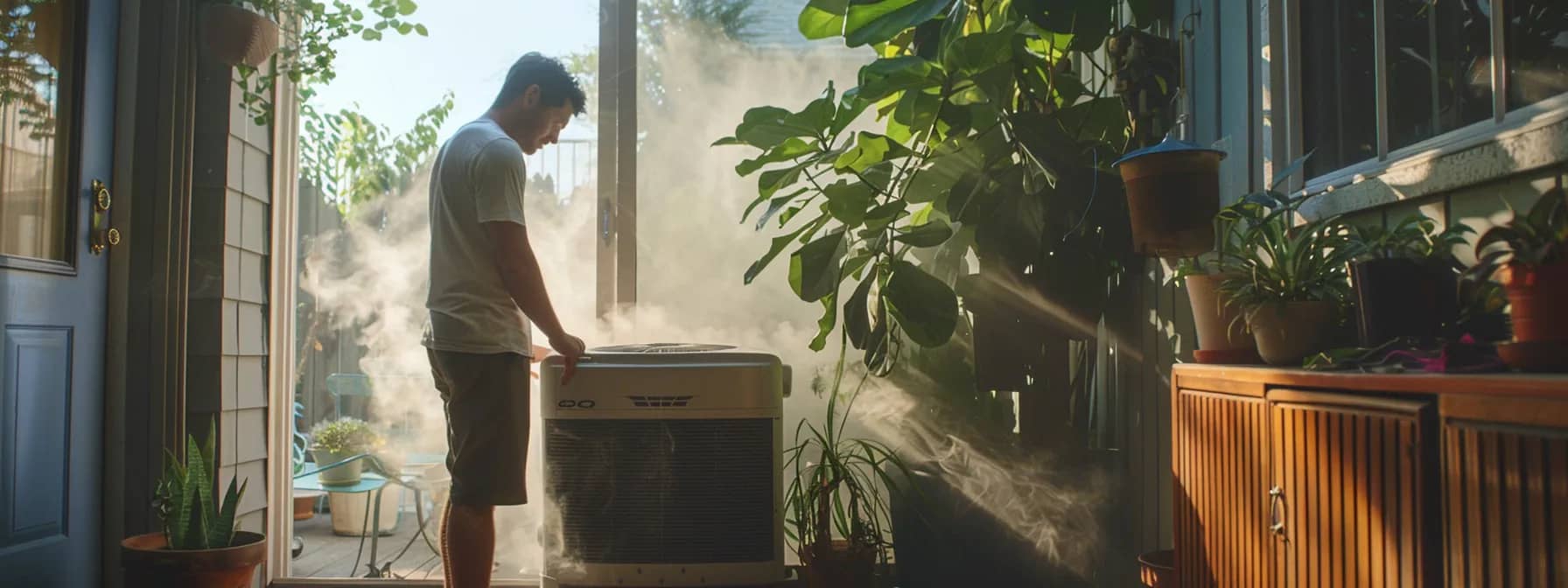 a homeowner standing next to a noisy, dusty air conditioner unit, inspecting debris buildup.