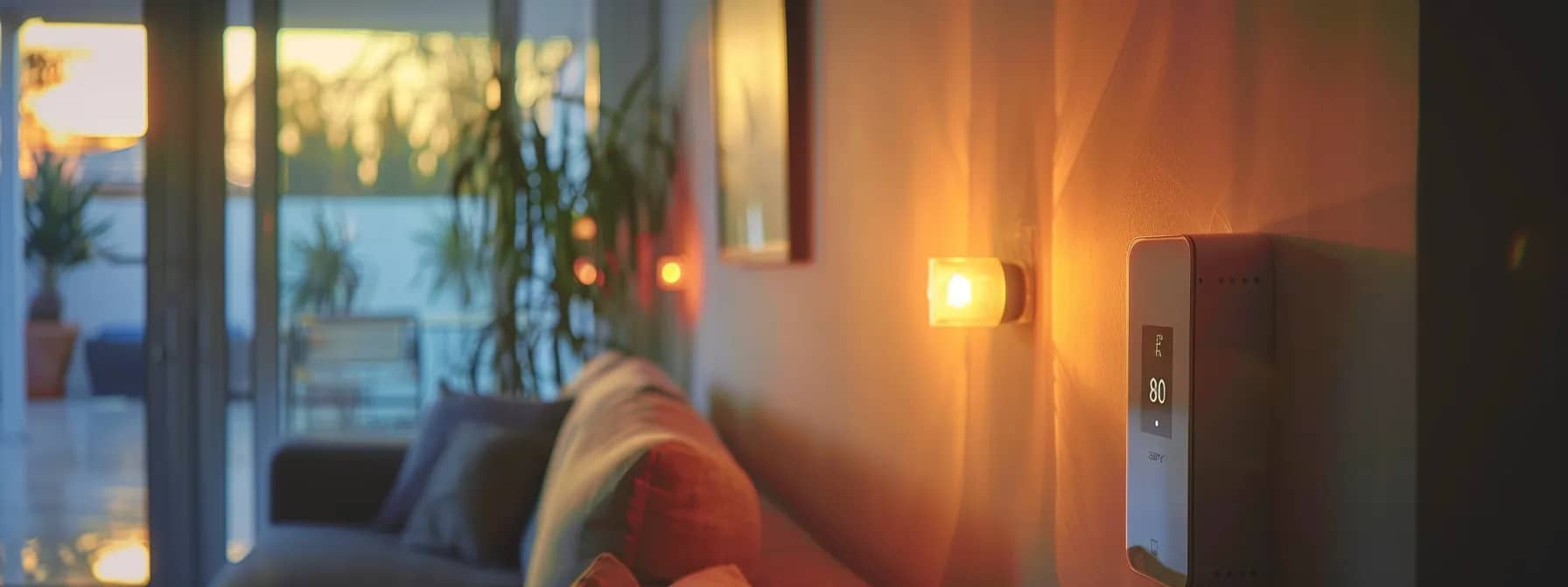 a close-up of a thermostat set to a low temperature with an air conditioning unit rapidly turning on and off in a living room.