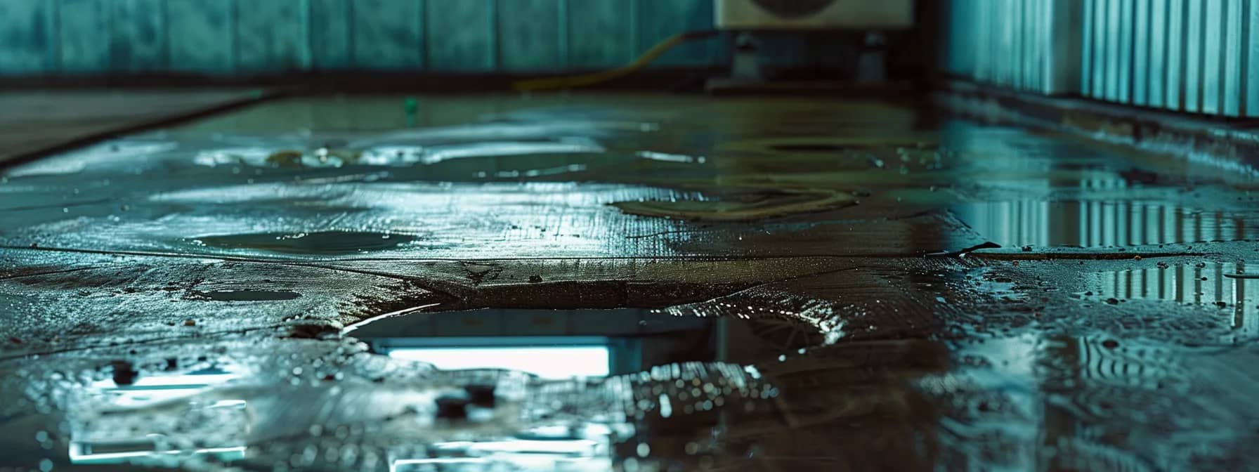 a puddle of water forming beneath a malfunctioning ac unit, with a damaged drain pan visible nearby.