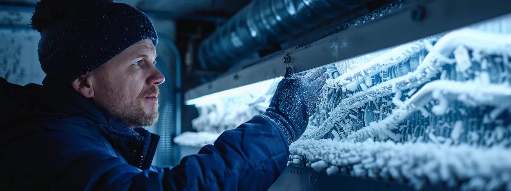 a technician inspecting a dirty air filter and a frost-covered evaporator coil inside an air conditioning unit.
