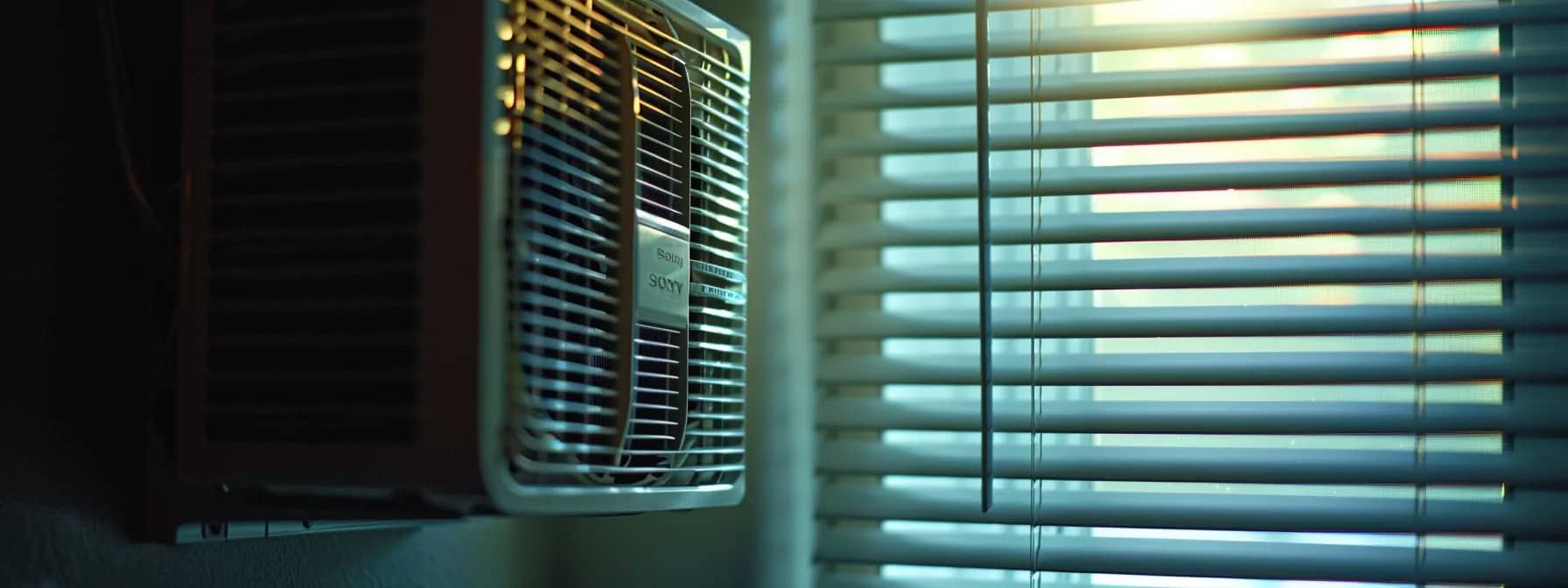 a close-up shot of an air conditioning unit with a puzzled homeowner listening intently to the unusual noises coming from it.